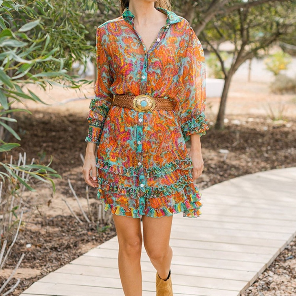 Orange and Blue Ruffled Tiered Mini Sundress
